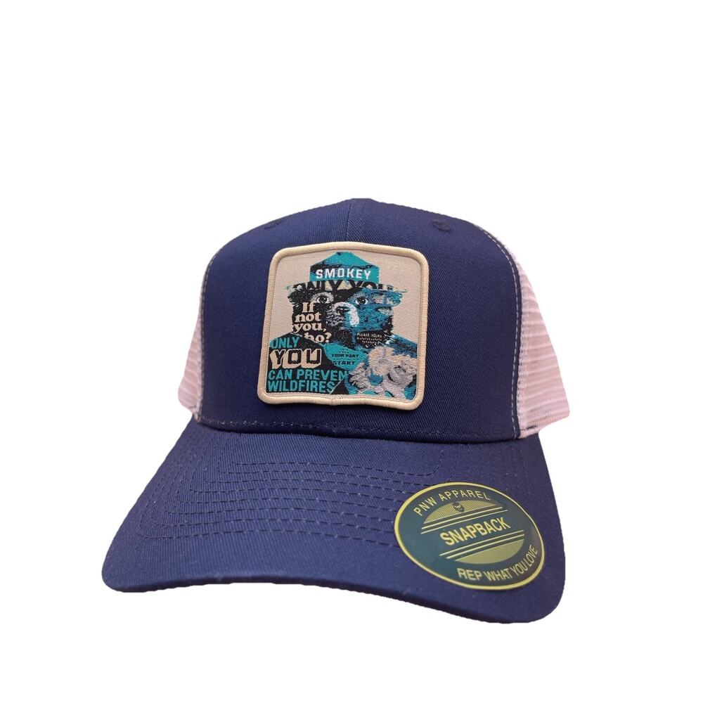 Navy White Smokey The Bear Trucker Snapback Hat | Wildfire Prevention Cap